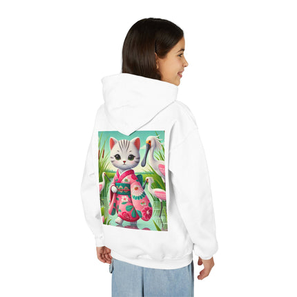 Geisha Kitten Strolls Among the Spoonbills Youth Hooded Sweatshirt – Graceful Nature & Whimsical Charm