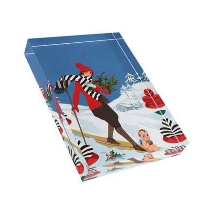 🎿🎄 The Christmas Holly Skier Acrylic Art Block – Whimsical Holiday Fantasy