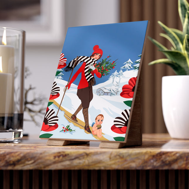 🎿🌿 The Christmas Holly Skier Ceramic Tile – Vintage Holiday Adventure