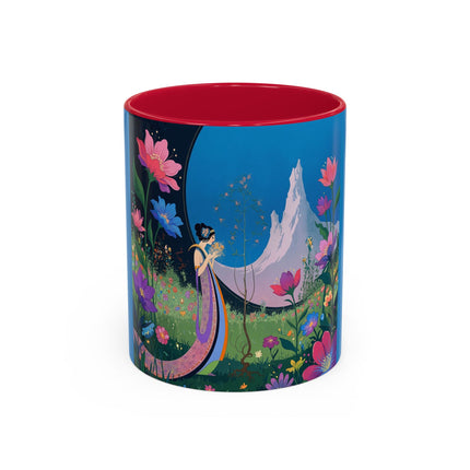 The Lady And The Moonlit Peak Colorful Mugs – Art Deco Alpine Garden Elegance