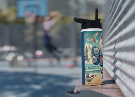 Geisha Kitten by the Seaside Stainless Steel Water Bottle, Standard Lid