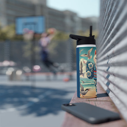 Geisha Kitten by the Seaside Stainless Steel Water Bottle, Standard Lid