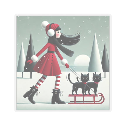 Red Sled & Curious Cats Kiss-Cut Stickers (4 Sizes)