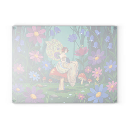 🧚🍄 The Lady Of The Enchanted Mushroom Garden Glass Cutting Board – Art Deco Fairy Garden Fantasy