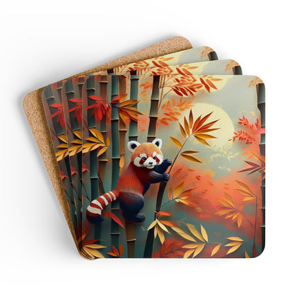 Red Panda at an Autumn Bamboo Grove Corkwood Coaster Set