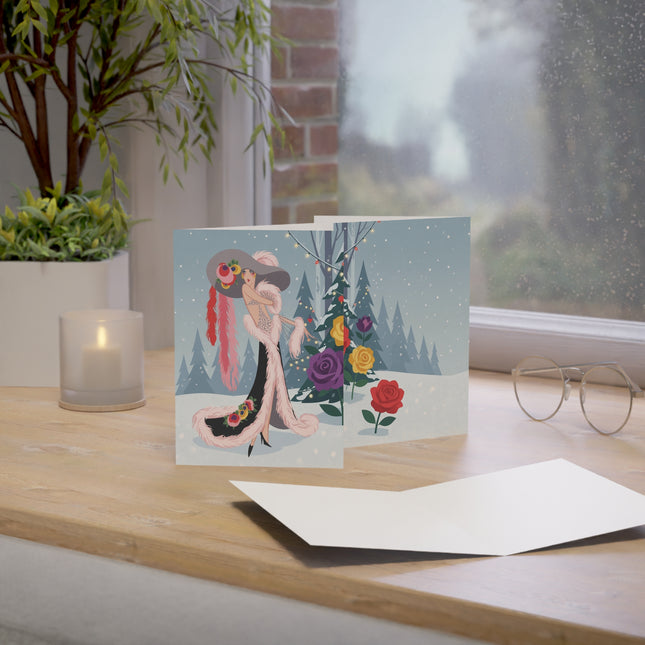 🌹❄️ The Lady Of The Snowy Rose Greeting Card – Art Deco Holiday Elegance