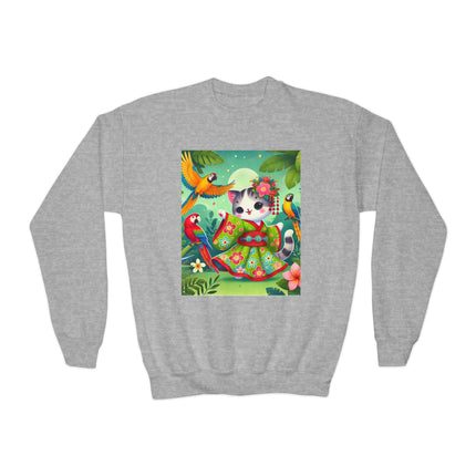 Parrot Dance of the Geisha Kitten Youth Crewneck Sweatshirt – Color, Rhythm & Joyful Expression