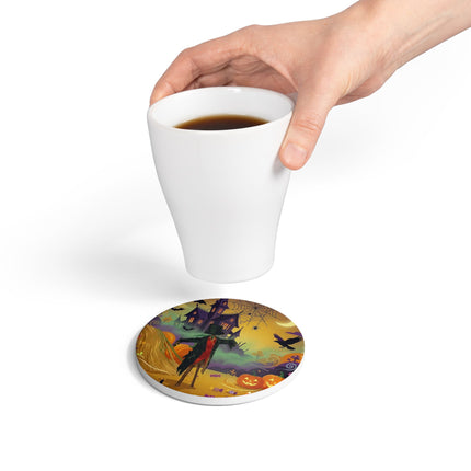 🌙🎃 The Scarecrow Of Haunted Hollow Ceramic Coaster – Whimsical Halloween Mystery