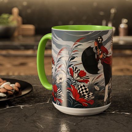 ☔🌹 The Scarlet Checkerboard Rainstorm Colorful Mug – Art Deco Floral Elegance