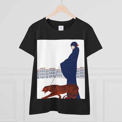 🐆🖤 The Lady With The Leopard Cotton Tee – Art Deco Fashion Illustration