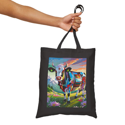 Cyber Glitch Cow Cotton Canvas Tote Bag