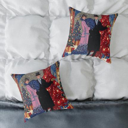 🎄✨ Christmas Eve Promenade Square Pillow – Art Deco Holiday Romance