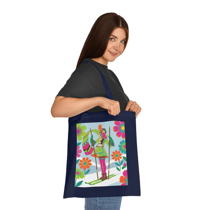 🎿🌸 The Winter Flower Adventurer Cotton Tote Bag – Colorful Skiing Fantasy