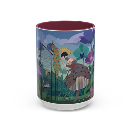 The Lady And The Enchanted Heron Colorful Mugs – Art Deco Botanical Elegance