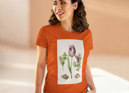 Tulip flower with Two Branches of Myrtle and Shells Cotton Tee