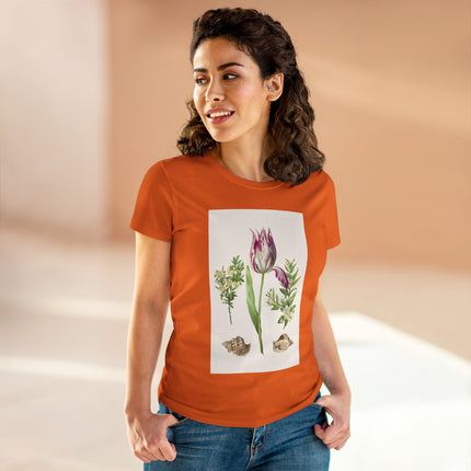 Tulip flower with Two Branches of Myrtle and Shells Cotton Tee