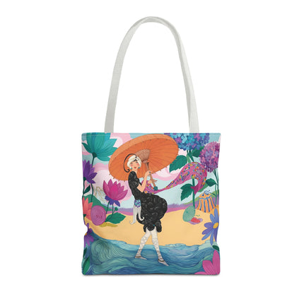 ☂️🌺 The Lady Of The Seaside Parasol Tote Bag – Art Deco Floral Fashion