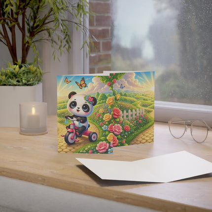 🐼🌹 The Little Panda Garden Ride Greeting Card – Whimsical Animal Adventure