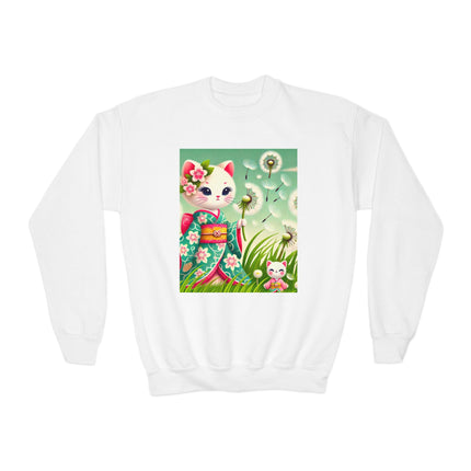 Geisha Kitten and the Dandelion Wish Youth Crewneck Sweatshirt – Gentle Magic, Dreams & Quiet Beauty