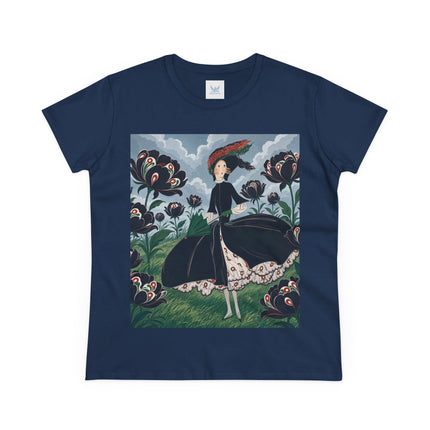 ❤️🌺 The Scarlet Parasol Garden Cotton Tee – Art Deco Floral Elegance