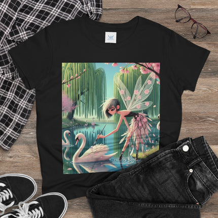 A Fairy Painting a Swan Cotton Tee