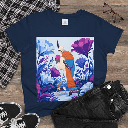 🦌🌺 The Enchanted Garden Companion Cotton Tee – Art Deco Floral Whimsy
