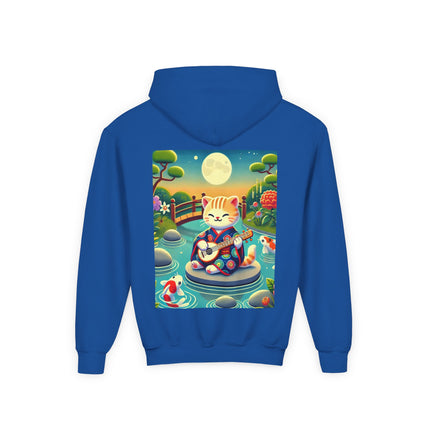 Melodic Kitten by the Koi Pond Youth Hooded Sweatshirt – Peaceful Harmony & Playful Music