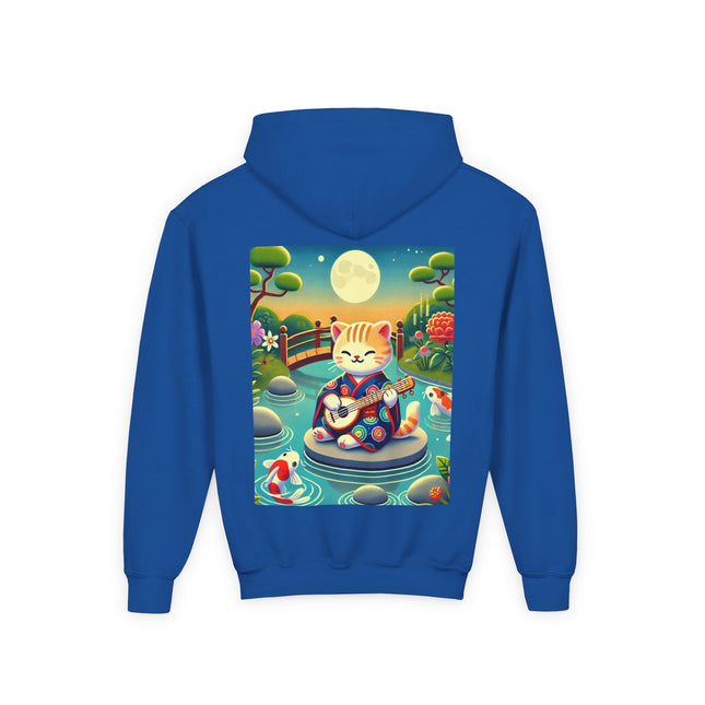 Melodic Kitten by the Koi Pond Youth Hooded Sweatshirt – Peaceful Harmony & Playful Music