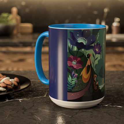 The Lady Of The Moonlit Fountain Colorful Mugs – Art Deco Botanical Serenity