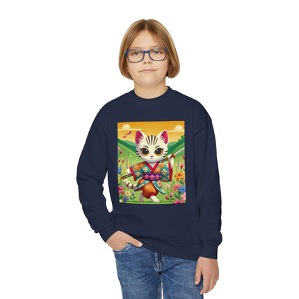 Samurai Kitten Youth Crewneck Sweatshirt – Grace, Discipline & Whimsical Strength