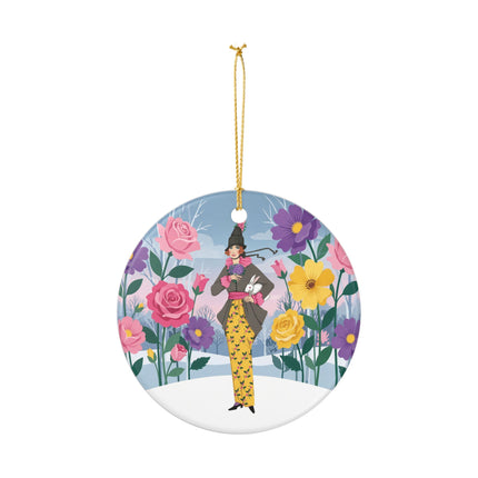 🐇🌸 The Lady With The White Rabbit Ceramic Ornament – Art Deco Floral Whimsy