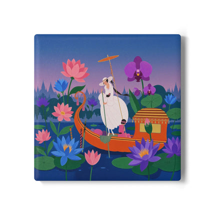 🪷🛶 The Lady Of The Lotus Lake Ceramic Coaster – Art Deco Garden Voyage