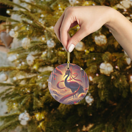 Regal Crimson Crane in the Autumn Mist Glass Ornament