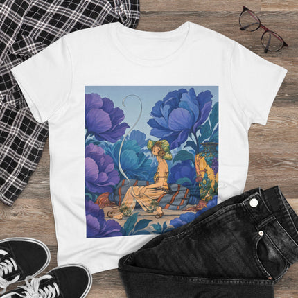 💙🌸 The Lady Among The Blue Blossoms Cotton Tee – Art Deco Floral Reverie