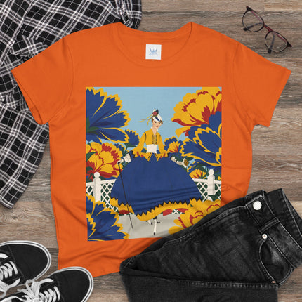 💙🌼 The Golden Petal Promenade Cotton Tee – Art Deco Floral Elegance