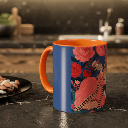 The Lady And The Scarlet Macaw Colorful Mugs – Art Deco Floral Elegance