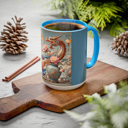 Golden Dragon & Lantern Lady Colorful Mug – Imperial Dragon & Elegant Harmony