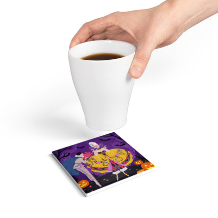 🎭🌹 The Harlequin Rose Masquerade Ceramic Coaster – Theatrical Halloween Romance