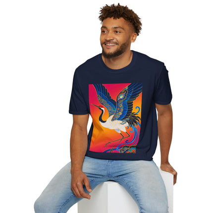 🪽🌅 The Celestial Crane Softstyle T-Shirt – Art Deco Wings Of Elegance