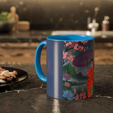 The Lady Of The Cherry Blossoms Colorful Mugs – Art Deco Spring Elegance