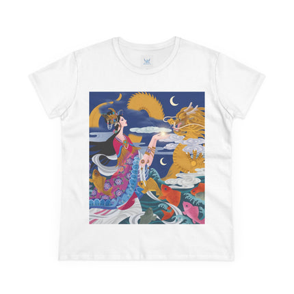 Dragon Pearl Offering Women's Midweight Cotton Tee – Mystical Fantasy & Golden Grace