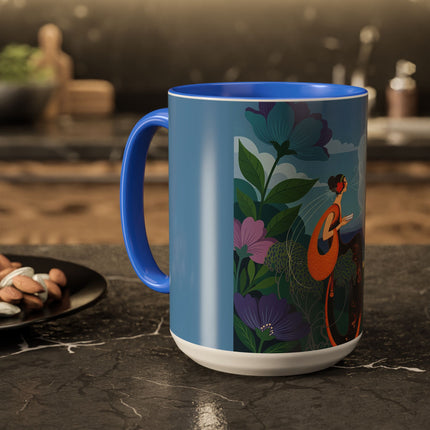The Lady And The Sea Breeze Colorful Mugs – Art Deco Coastal Serenity