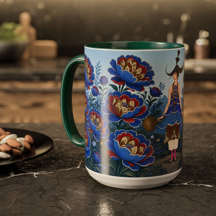 💙🌺 The Sapphire Blossom Garden Dancer Colorful Mug – Art Deco Fashion Fantasy