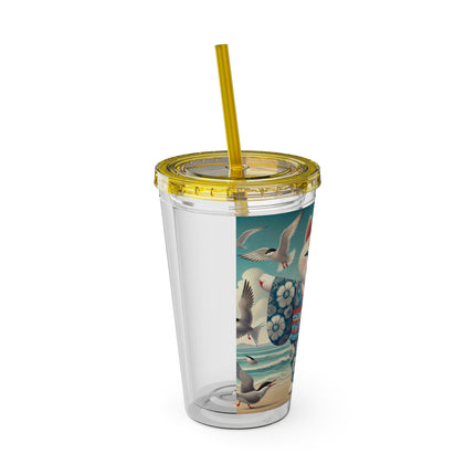 Geisha Kitten by the Seaside Sunsplash Tumbler with Straw, 16oz