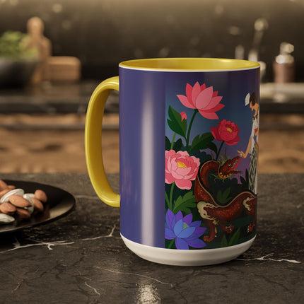 The Lady And The Garden Dragon Colorful Mugs – Art Deco Mythical Botanical Elegance