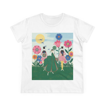 🌸🎩 The Lady Of The Giant Flower Garden Cotton Tee – Art Deco Floral Promenade
