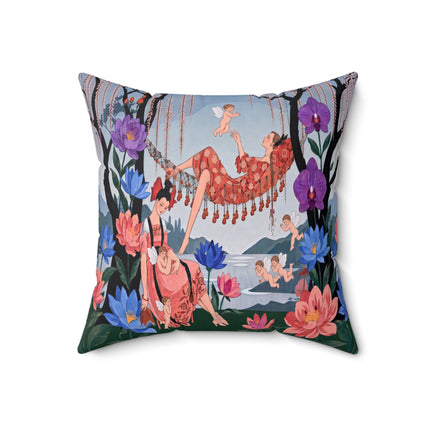 🌸🪽 The Garden Of Little Cupids Square Pillow – Art Deco Floral Fantasy