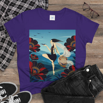 🌊🌺 The Lady Of The Wild Wind Cotton Tee – Art Deco Coastal Fantasy