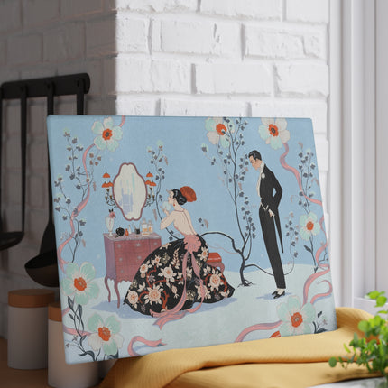 🌸🪞 The Lady At Her Winter Vanity Glass Cutting Board – Art Deco Romantic Elegance