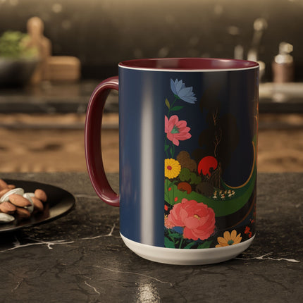 The Lady And The Crimson Moonbird Colorful Mugs – Art Deco Whimsical Garden Elegance